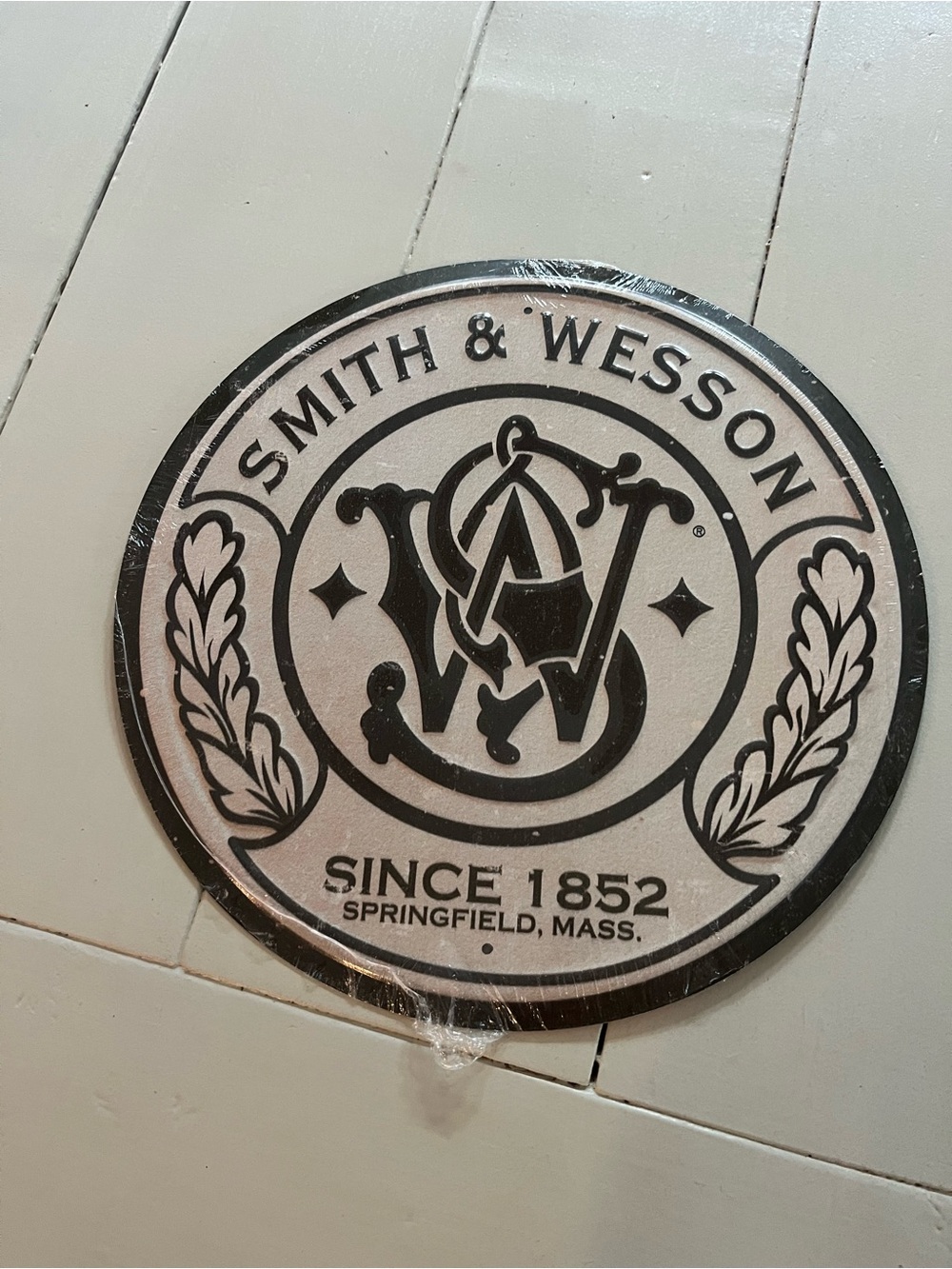 Smith & Wesson Round Logo Wall Sign - Black and Silver Man Cave, Rustic Decor,